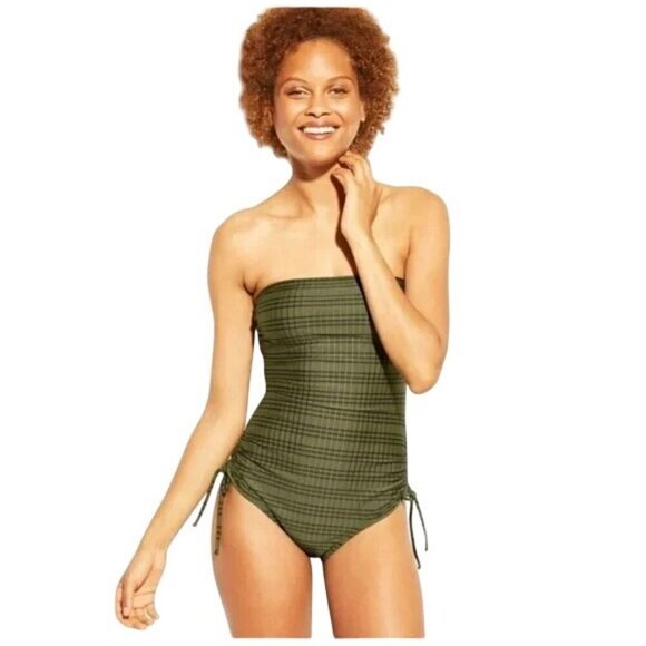 Kona Sol Ribbed Knit Side Tie One Piece Swimsuit Plaid Mossy Green Women S - Picture 1 of 12